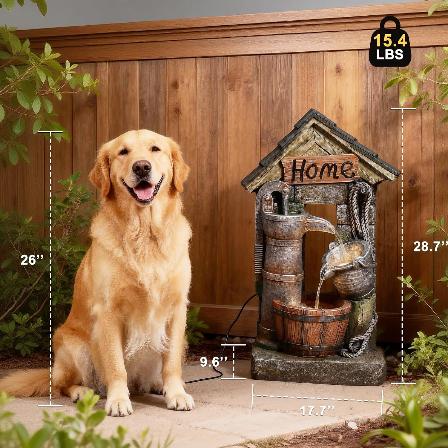 Vintage Country Style Wall-Mounted and Freestanding Outdoor Fountain, 28.7 H Resin Garden Water Feature with Water Well and Wine Barrel for Gardens, Landscaping, Patios, Balconies, Lawns