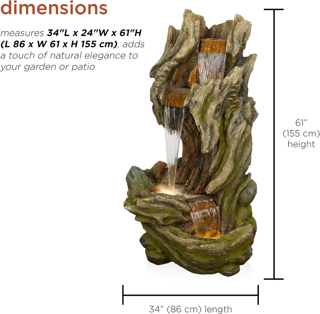 Alpine Corporation WIN1642 61' 3-Tier Log Water Fountain with Warm White LED Lights, Cascading Waterfall for Garden, Patio, & Lawn, Outdoor Water Feature