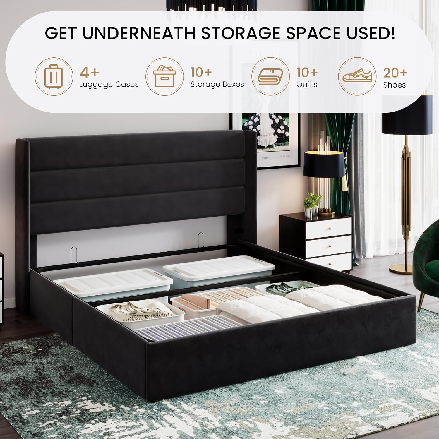 SHA CERLIN King Size Lift Up Storage Bed/Velvet Upholstered/Modern Wingback Headboard/Upholstered Platform Bed Frame/Hydraulic Storage/No Box Spring Needed/Black
