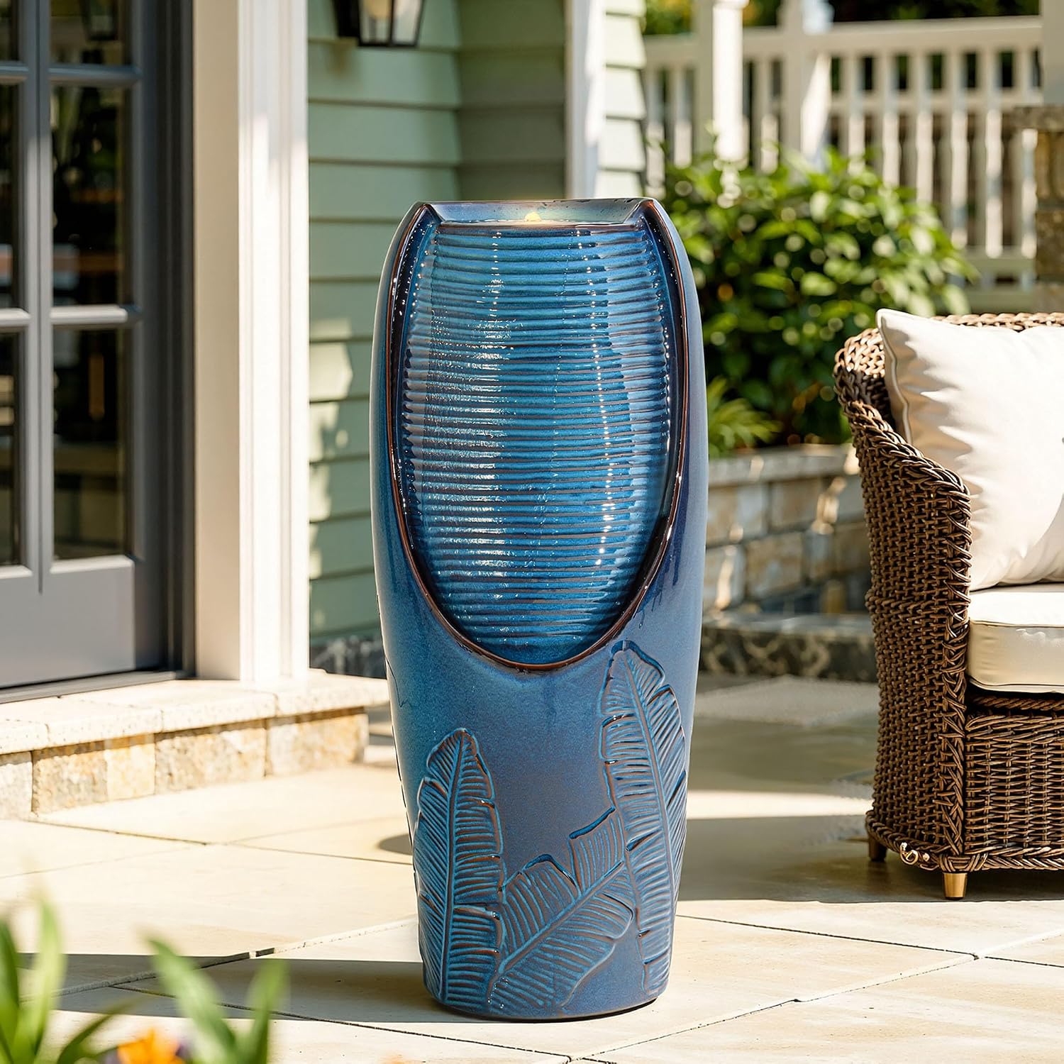 32' H Ceramic Jar Outdoor Water Fountain, Elegant Turquoise Water Feature Outside with LED Lights, Banana Leaf Texture, Soothing Cascading Waterfall for Garden Patio Yard Front Porch Decor