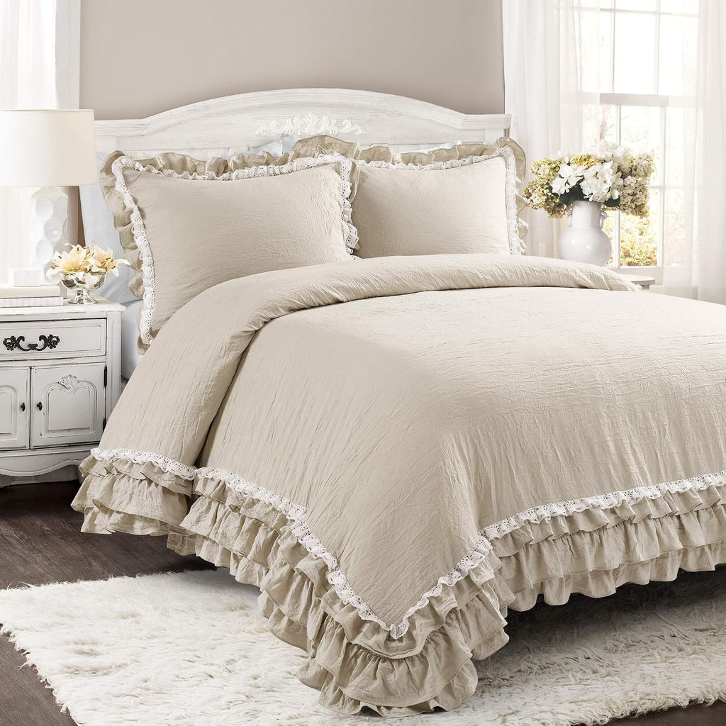 Lush Decor Ella Ruffle Lace Comforter, 3 Piece Set, King, Neutral - Cute Comforter - King Bedding Set - Beige Bedding - Coquette Decor - Beige Lace Trim - Ruffle Trim
