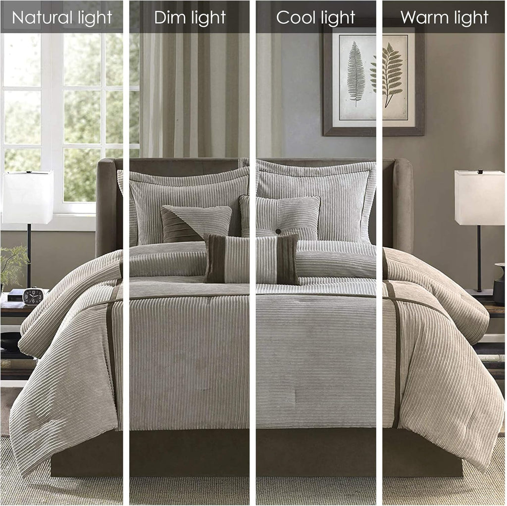 Madison Park Cozy Comforter Set Casual Blocks Design All Season, Matching Bed Skirt, Decorative Pillows, Cal King(104'x92'), Dallas Corduroy, Taupe Brown, 7 Piece