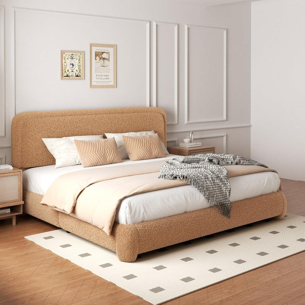 Queen Size Boucle Bed Frame with Adjustable Headboard, Upholstered Cloud Platform Bed, Anti-Collision Soft Rounded Corners, No Box Spring Needed, Easy Assembly, Noise Free, Camel