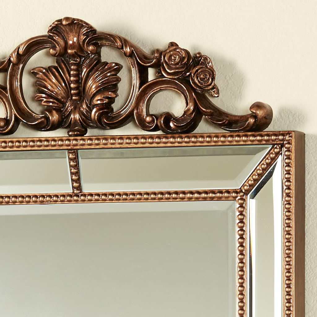 Felix Wall Mirror | Rectangular Beveled Glass with Light Bronze Finish | Resin Bead Trim, Acanthus Leaves, Scrolls, and Rose Motifs | Elegant Classic Traditional | Vertical Home Decor | 50 Inches