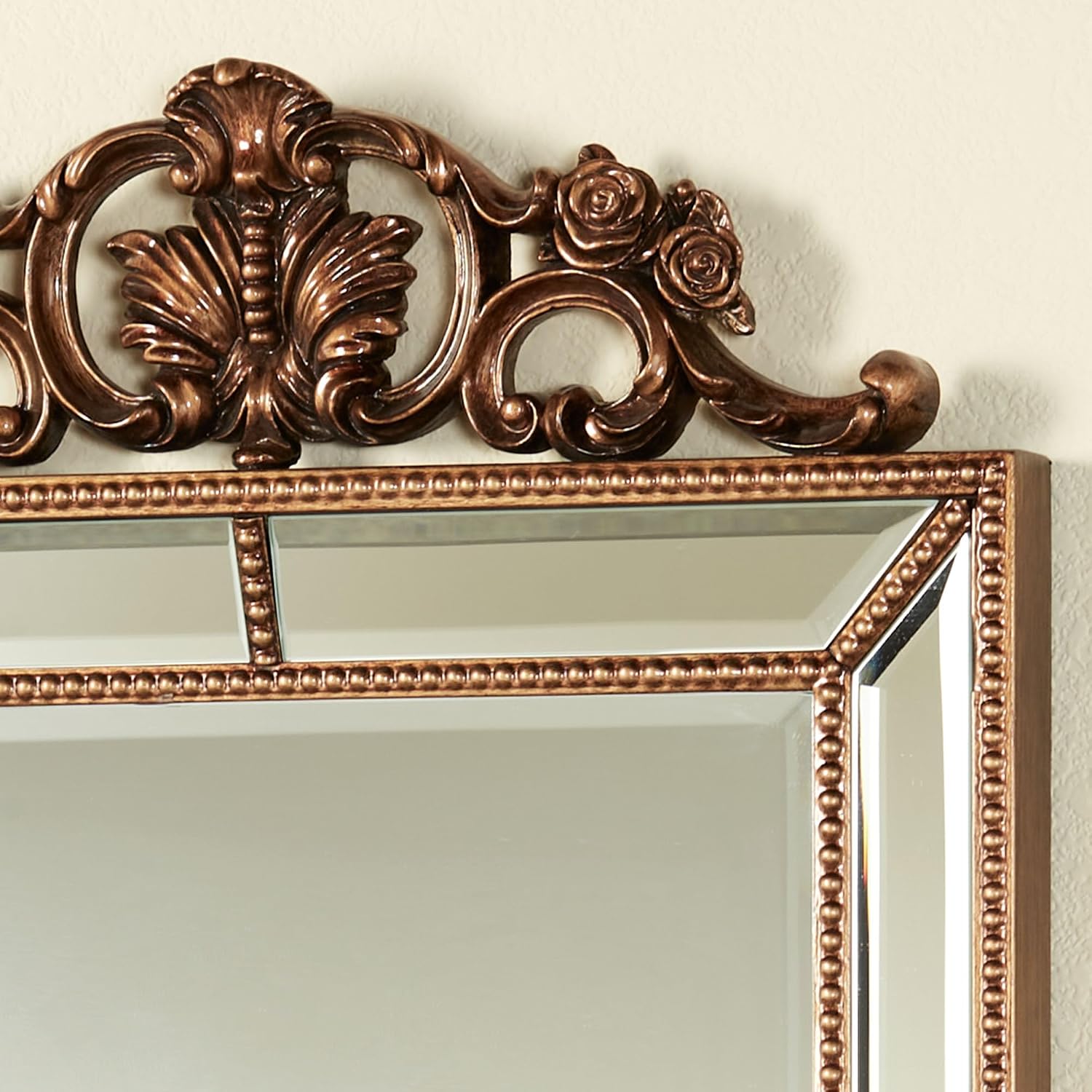Felix Wall Mirror | Rectangular Beveled Glass with Light Bronze Finish | Resin Bead Trim, Acanthus Leaves, Scrolls, and Rose Motifs | Elegant Classic Traditional | Vertical Home Decor | 50 Inches