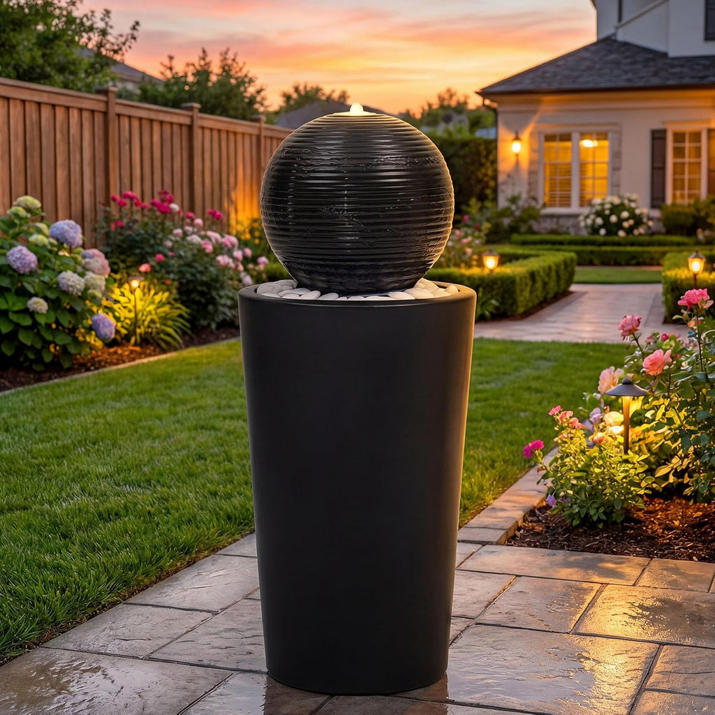 30' H Ceramic Sphere Water Fountain with LED Light, Modern Minimalist Design, Black Glaze with White Pebbles, Soothing Trickling Water Feature, Adding Artistic Charm & Tranquil Ambiance