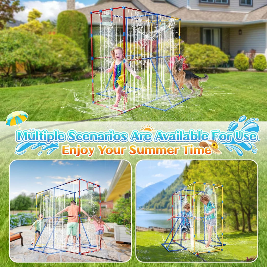 Kids Backyard Water Park Sprinkler Toy, Steady Water Sprinkler for Children, Summer Fun Waterpark Splash Outside Water Activities, Heavy Duty PVC Tubes