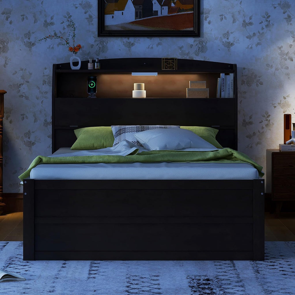 VilroCaz Modern Multi-Function Full Size Platform Bed with Trundle and 3 Drawers, Wood Captain Platform Bed Frame with Storage Headboard and Night Light, Maximized Space (Brown-H1, Full)