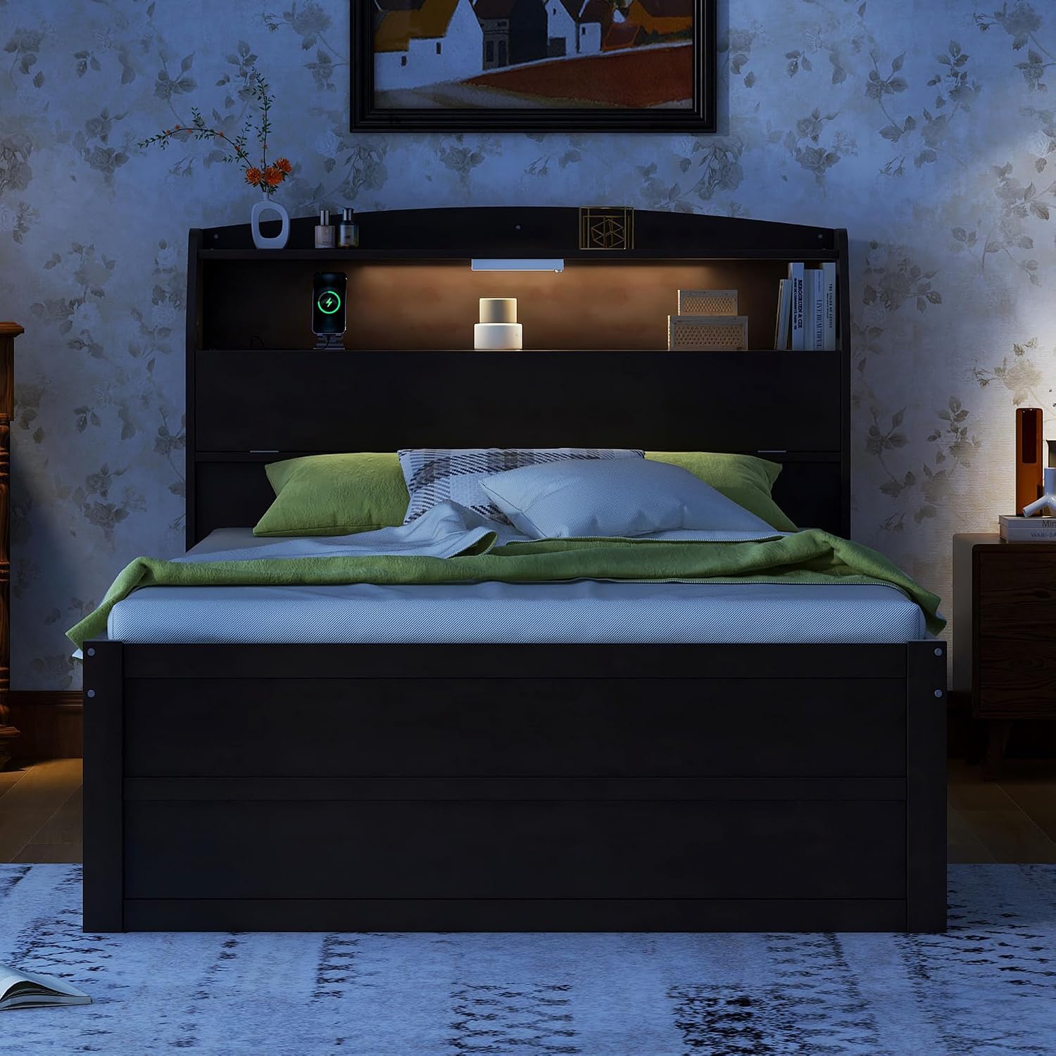 VilroCaz Modern Multi-Function Full Size Platform Bed with Trundle and 3 Drawers, Wood Captain Platform Bed Frame with Storage Headboard and Night Light, Maximized Space (Brown-H1, Full)