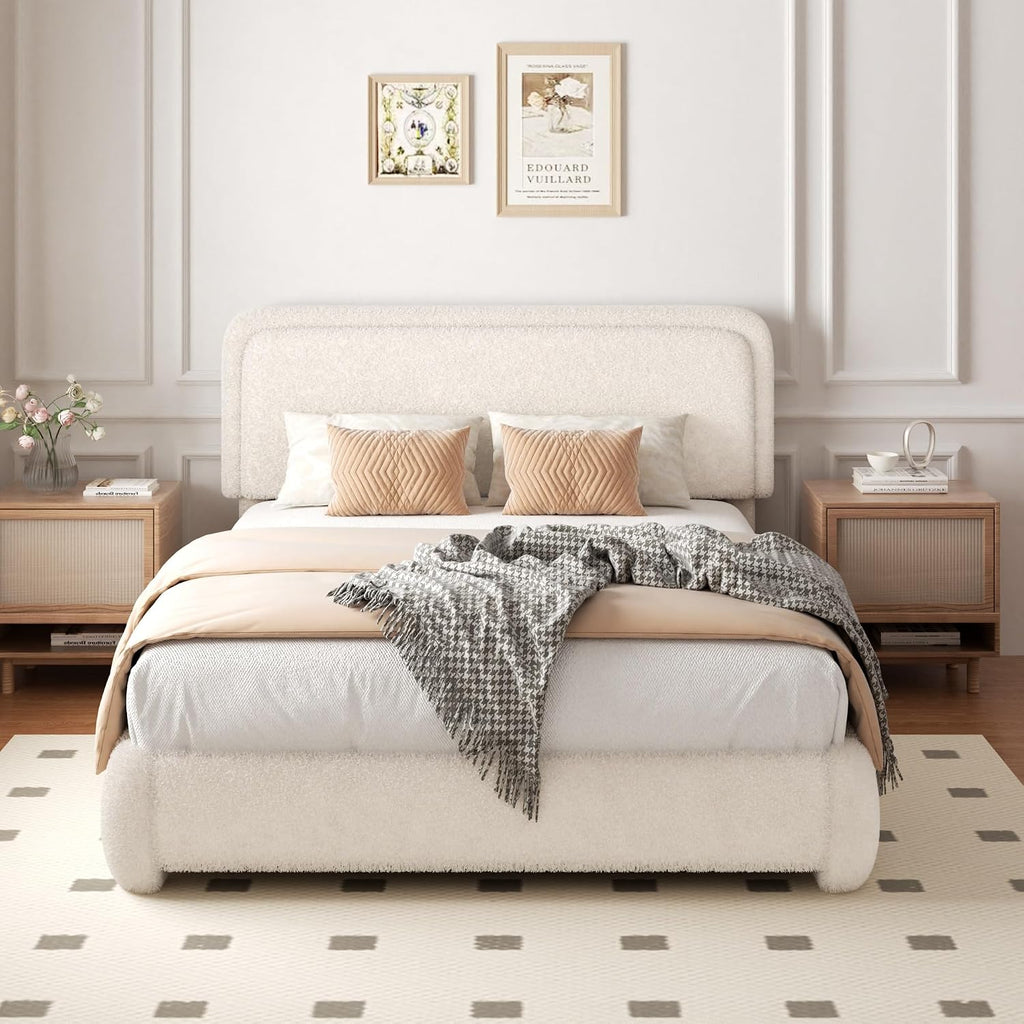Full Size Boucle Bed Frame with Adjustable Headboard, Upholstered Cloud Platform Bed, Anti-Collision Soft Rounded Corners, No Box Spring Needed, Easy Assembly, Noise Free, Beige