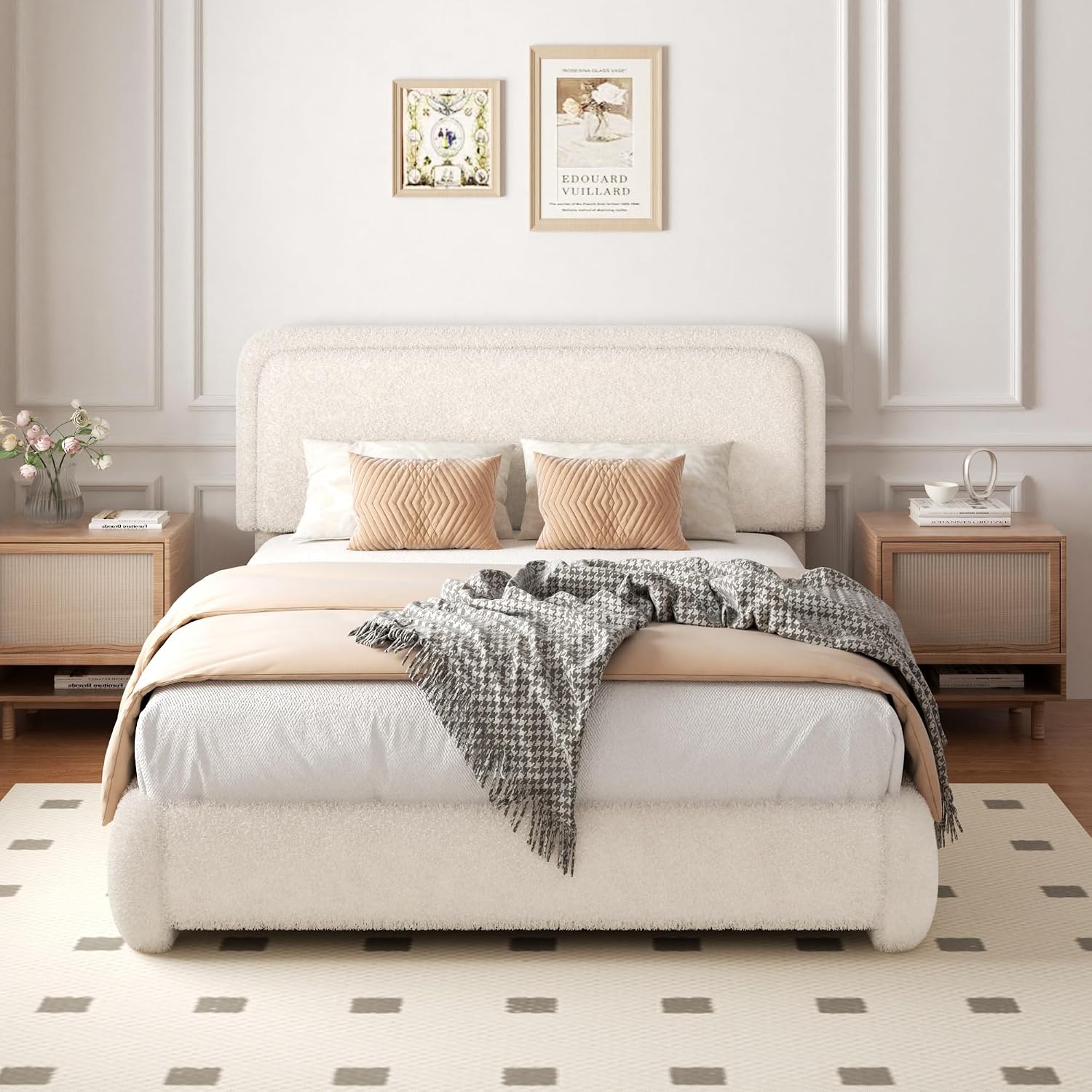 Full Size Boucle Bed Frame with Adjustable Headboard, Upholstered Cloud Platform Bed, Anti-Collision Soft Rounded Corners, No Box Spring Needed, Easy Assembly, Noise Free, Beige