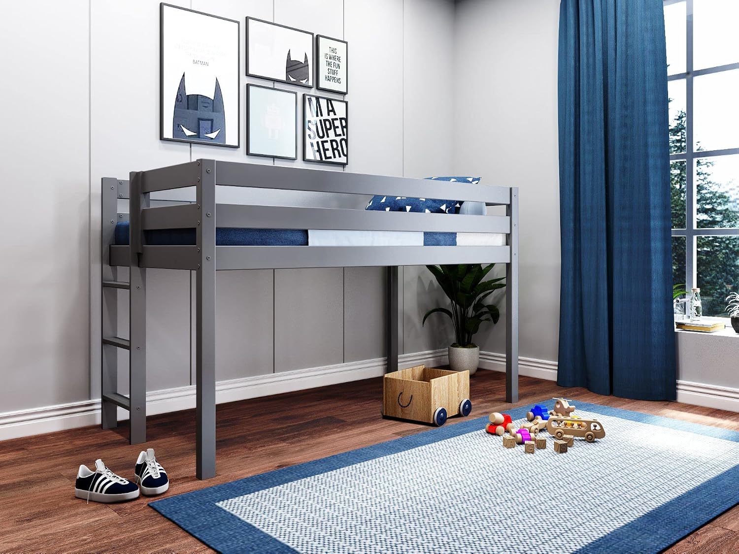 Jackpot! Contemporary Low Loft Twin Bed with End Ladder, Gray