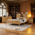 Farmhouse Bedroom Set 3 Pieces, Queen Size Wood Platform Bed Frame, Nightstand and Dressing Table, Queen Bedframe with Double Sliding Door Headboard and Charging Station (Natural, Queen)
