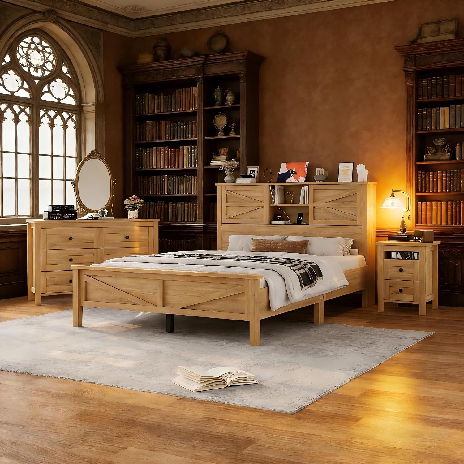 Farmhouse Bedroom Set 3 Pieces, Queen Size Wood Platform Bed Frame, Nightstand and Dressing Table, Queen Bedframe with Double Sliding Door Headboard and Charging Station (Natural, Queen)