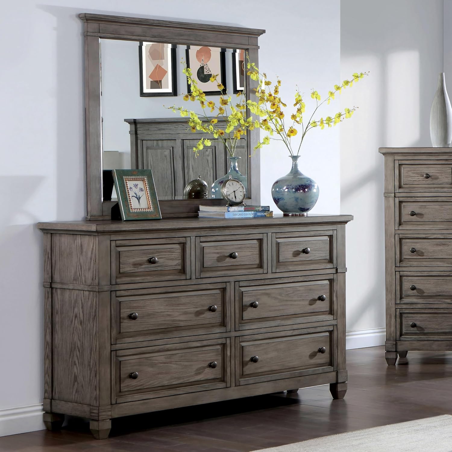Furniture of America Xephyr Solid Wood 5-Piece Bedroom Set, Queen-Size Bed with Footboard Drawers, Felt-Lined Top & Ball-Bearing Glides, USB Port on Nightstand, Box Spring Required, Warm Gray