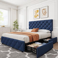 IDEALHOUSE Full Size Bed Frame with 4 Storage Drawers and Adjustable Headboard, Linen Upholstered Platform Beds, Diamond Stitched Button Tufted, No Box Spring Needed, Blue