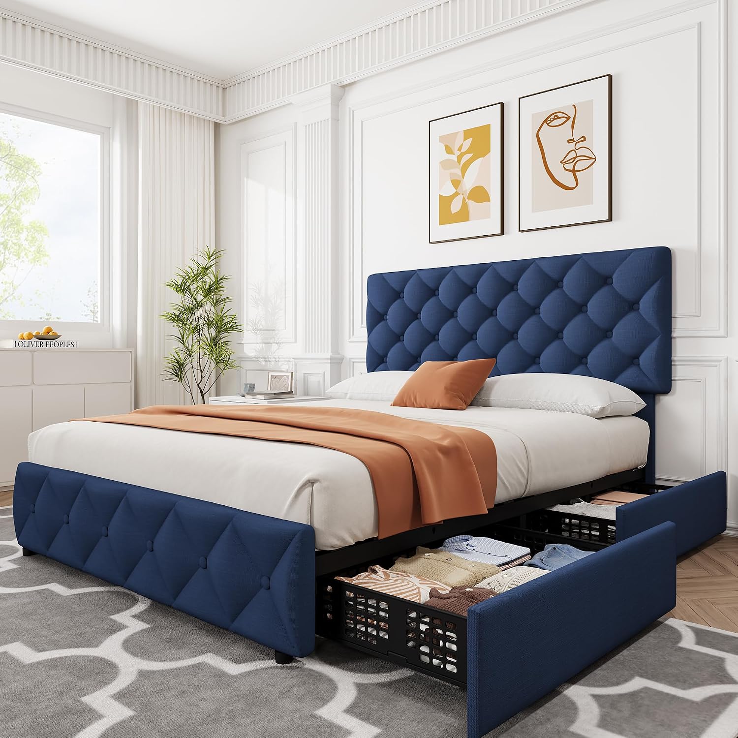 IDEALHOUSE Full Size Bed Frame with 4 Storage Drawers and Adjustable Headboard, Linen Upholstered Platform Beds, Diamond Stitched Button Tufted, No Box Spring Needed, Blue