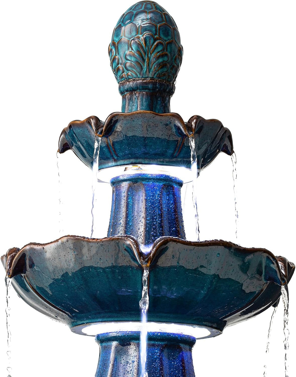 Glitzhome Outdoor 3 Tier Pedestal Fountain with LED Light & Pump - 45.25' H, Ceramic Turquoise Water Fountains Waterfall Large Floor-Standing Garden Fountain for Patio, Lawn, Backyard