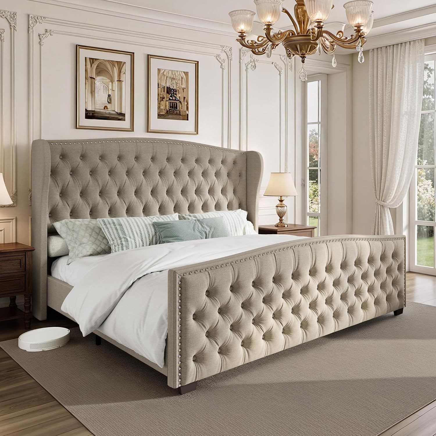LUXOAK Queen Platform Bed Frame with Wingback Headboard, Velvet Upholstered Bed Frame with Handmade Button Tufted & Nailhead, Wooden Slats Support, Beige