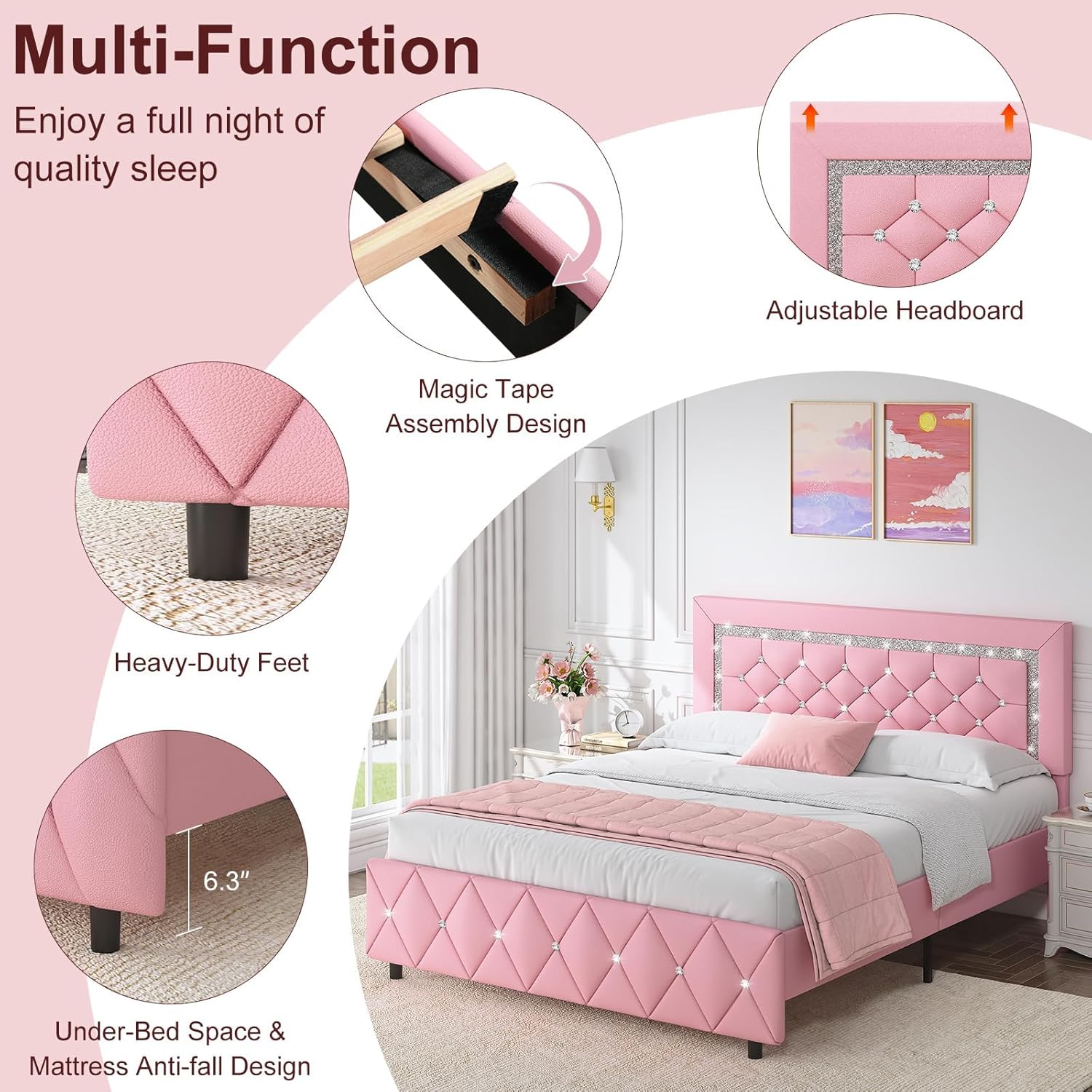 HOMBCK Twin Bed Frame with Diamond Headboard, Faux Leather Upholstered Platform Bed, Mattress Foundation, No Box Spring Needed, Easy Assembly, Pink