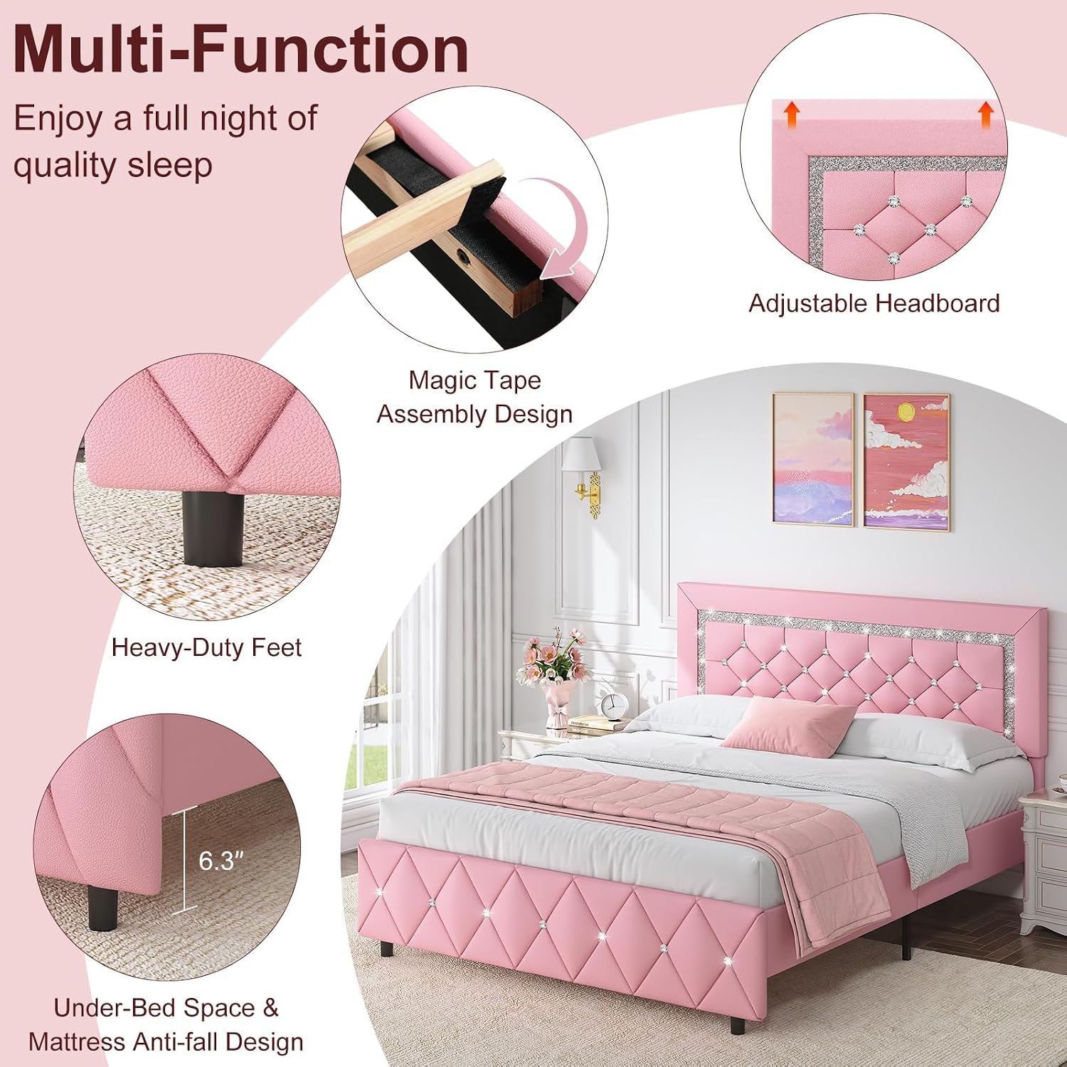 HOMBCK Queen Bed Frame with Diamond Headboard, Faux Leather Upholstered Platform Bed, Mattress Foundation, No Box Spring Needed, Easy Assembly, Pink