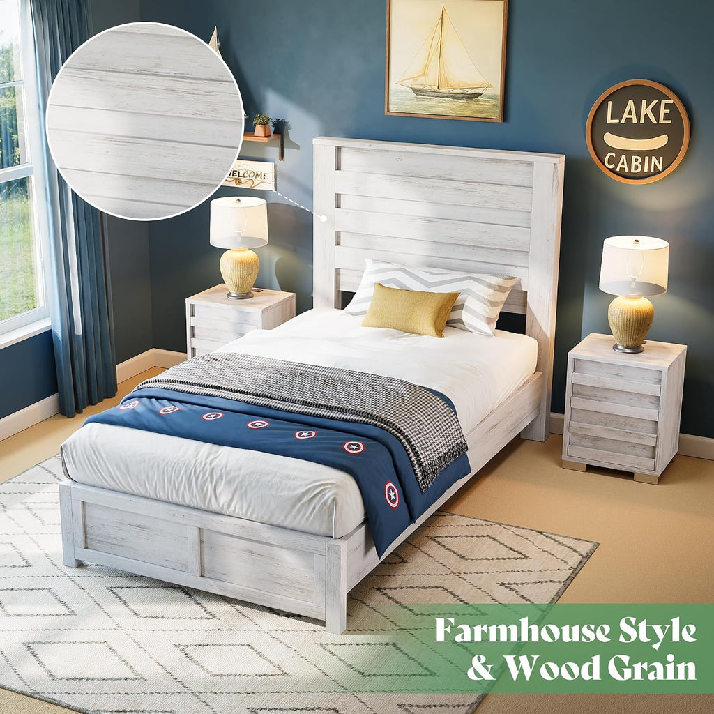 AMERLIFE Farmhouse Twin Bed Frame with 49' Fluted Headboard, Platform Bed with Natural Wood Grain Finish, Noise Free, No Box Spring Needed, Distressed White