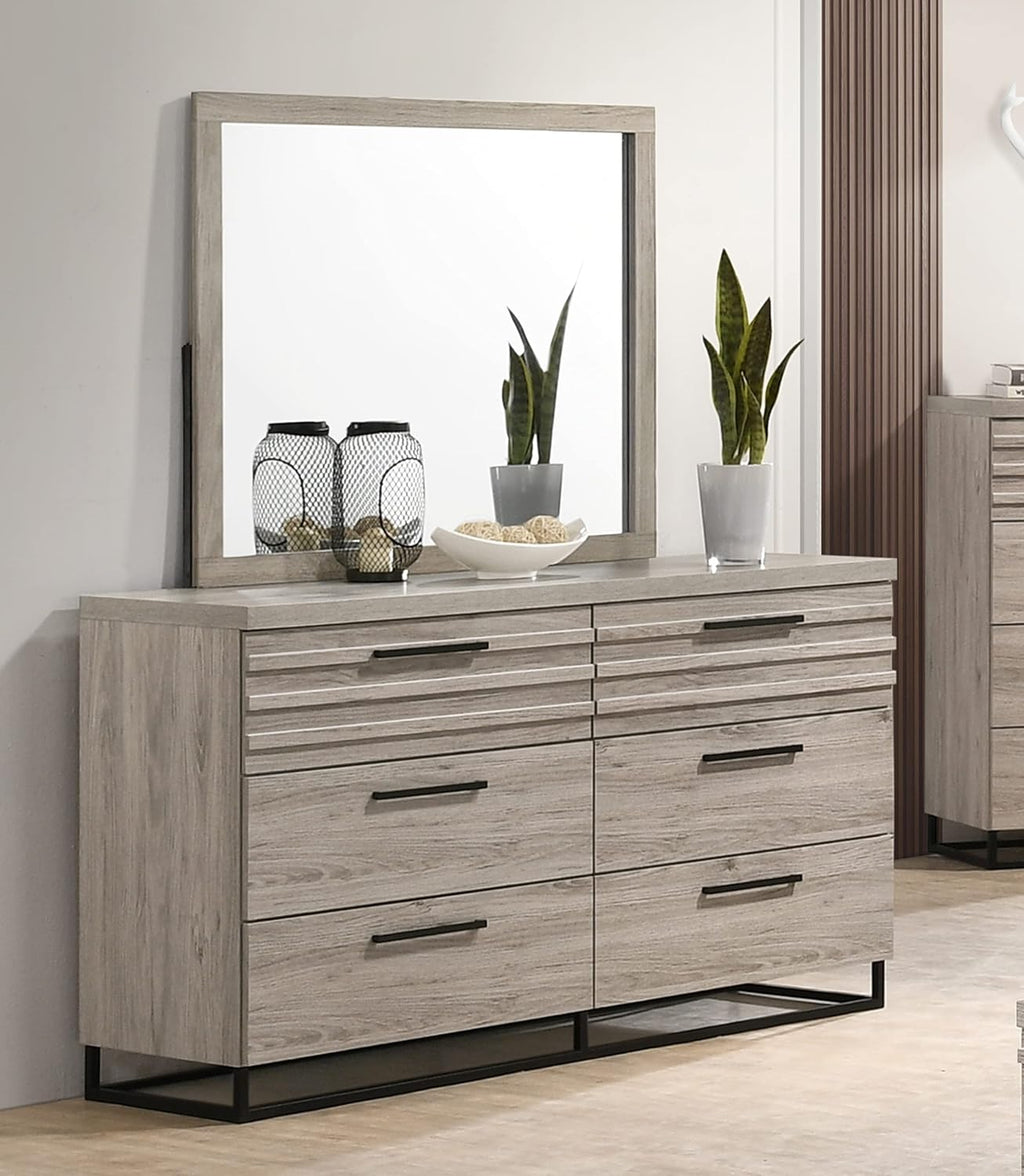 Roundhill Furniture Alvear Upholstered Wood Panel Bed, Dresser, Mirror, Nightstand, and Chest, King, Weathered Gray