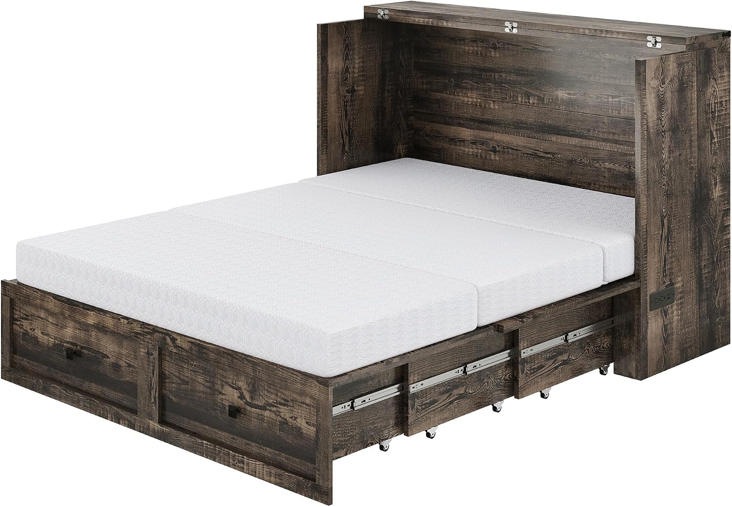 LUXOAK Full Murphy Bed with 6' White Tri-Fold Memory Foam Mattress, Storage Drawer & Charging Station, Space-Saving Design for Home Office or Guest Room, Black Oak