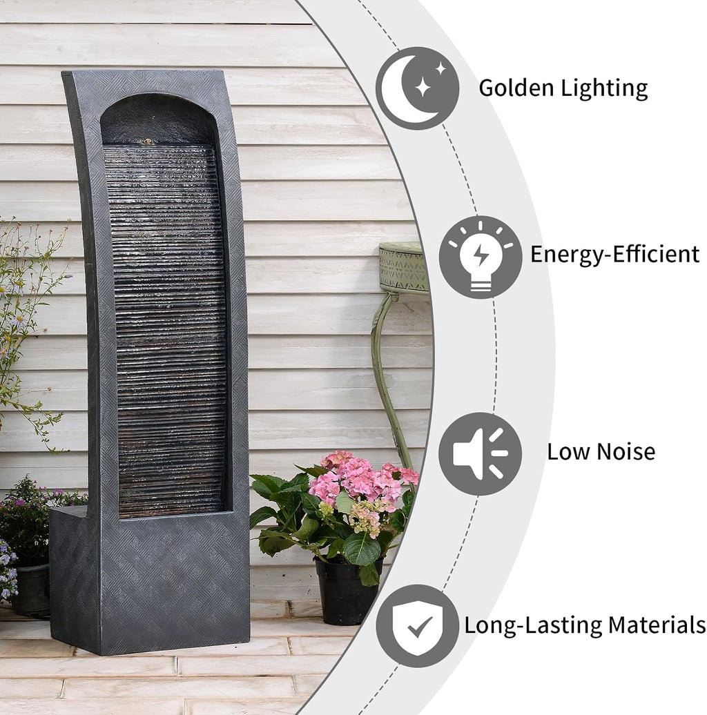 Bumilgar Indoor Water Fountain Curved Faux Slate Outdoor Waterfall Fountains Floor Standing Tiered Rock with LED Lights and Pump for Garden, Backyard, Deck, Patio, Porch and Home Art Decor