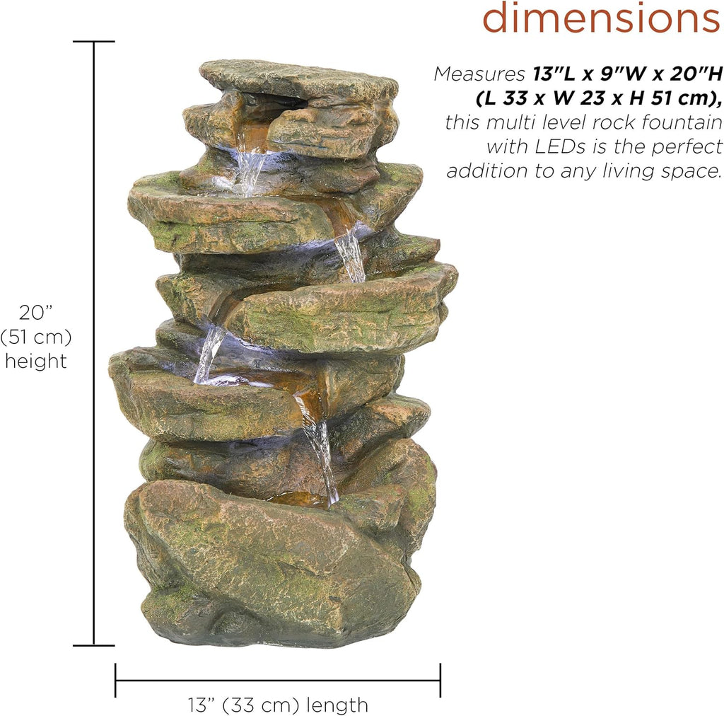 Alpine Corporation 20' H Outdoor Multi-Level Rock Floor Fountain with LED Lights, Brown
