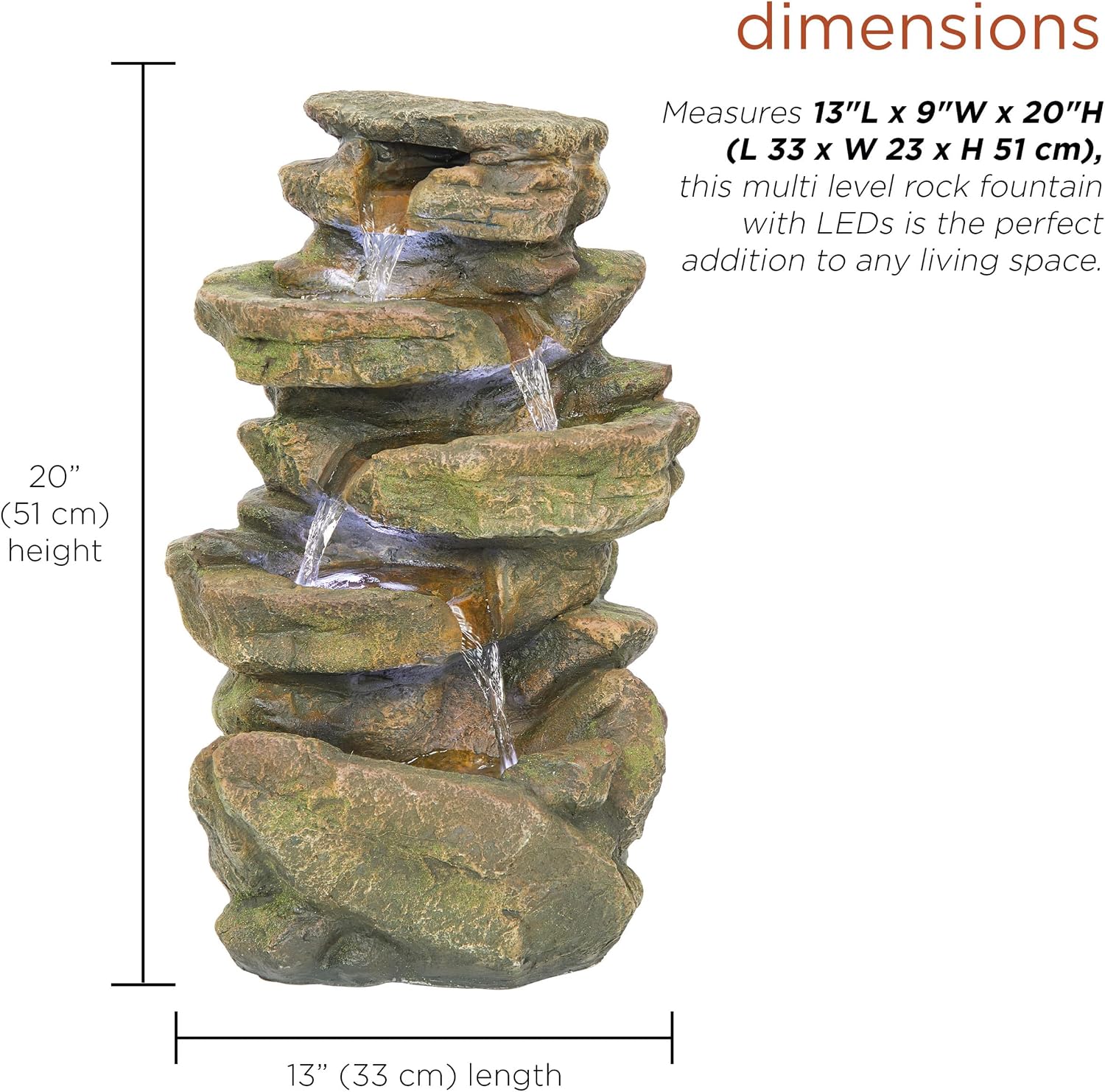 Alpine Corporation 20' H Outdoor Multi-Level Rock Floor Fountain with LED Lights, Brown