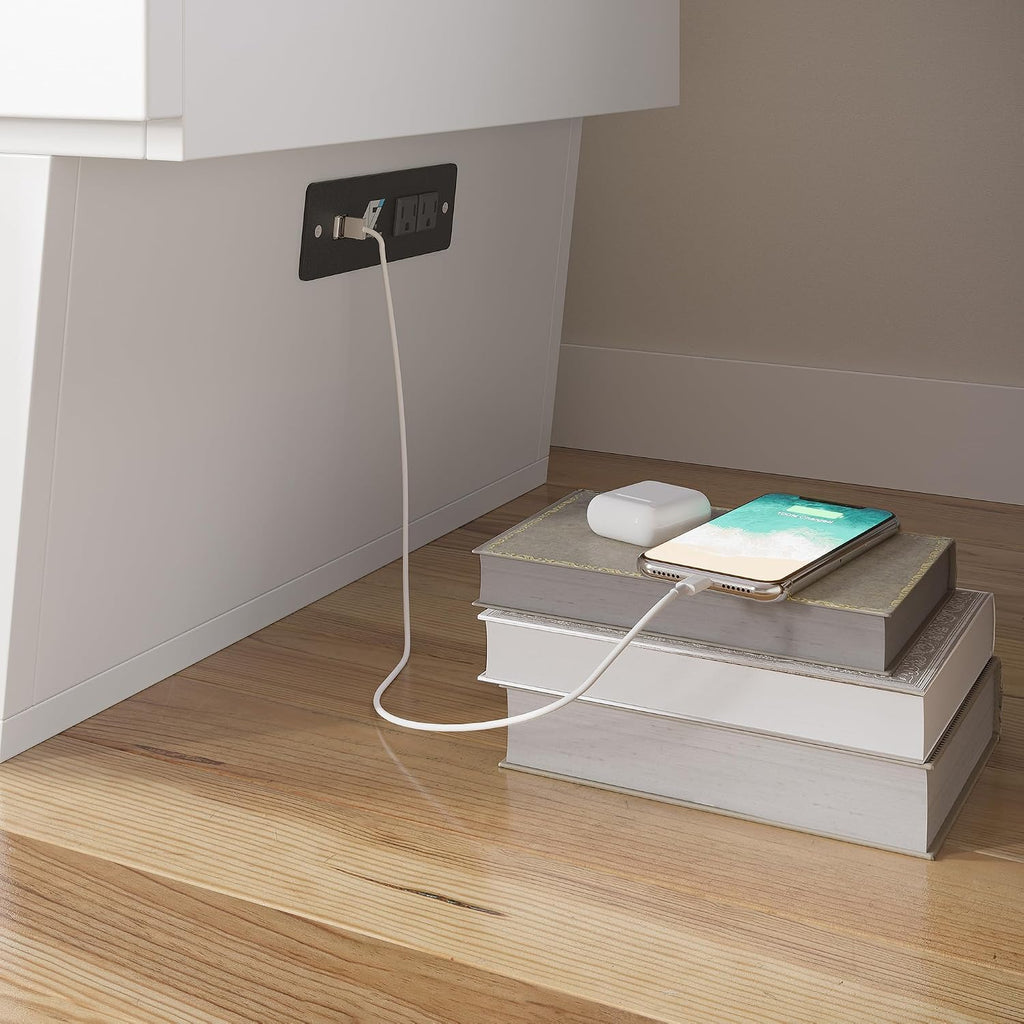 AFI, Monroe Full Murphy Bed Chest with 6' Mattress, Storage Drawer & Built-in USB Charger, White