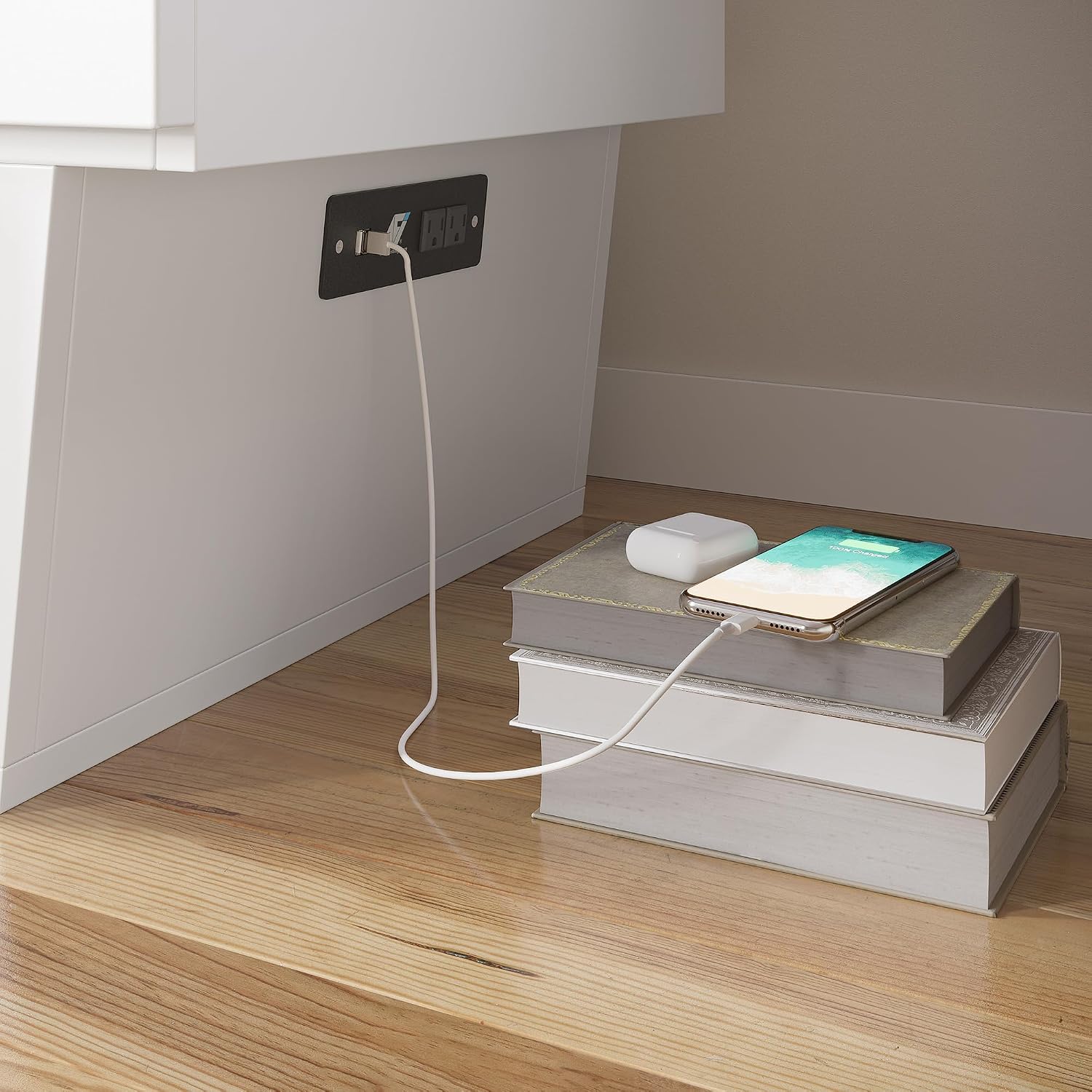 AFI, Monroe Full Murphy Bed Chest with 6' Mattress, Storage Drawer & Built-in USB Charger, White