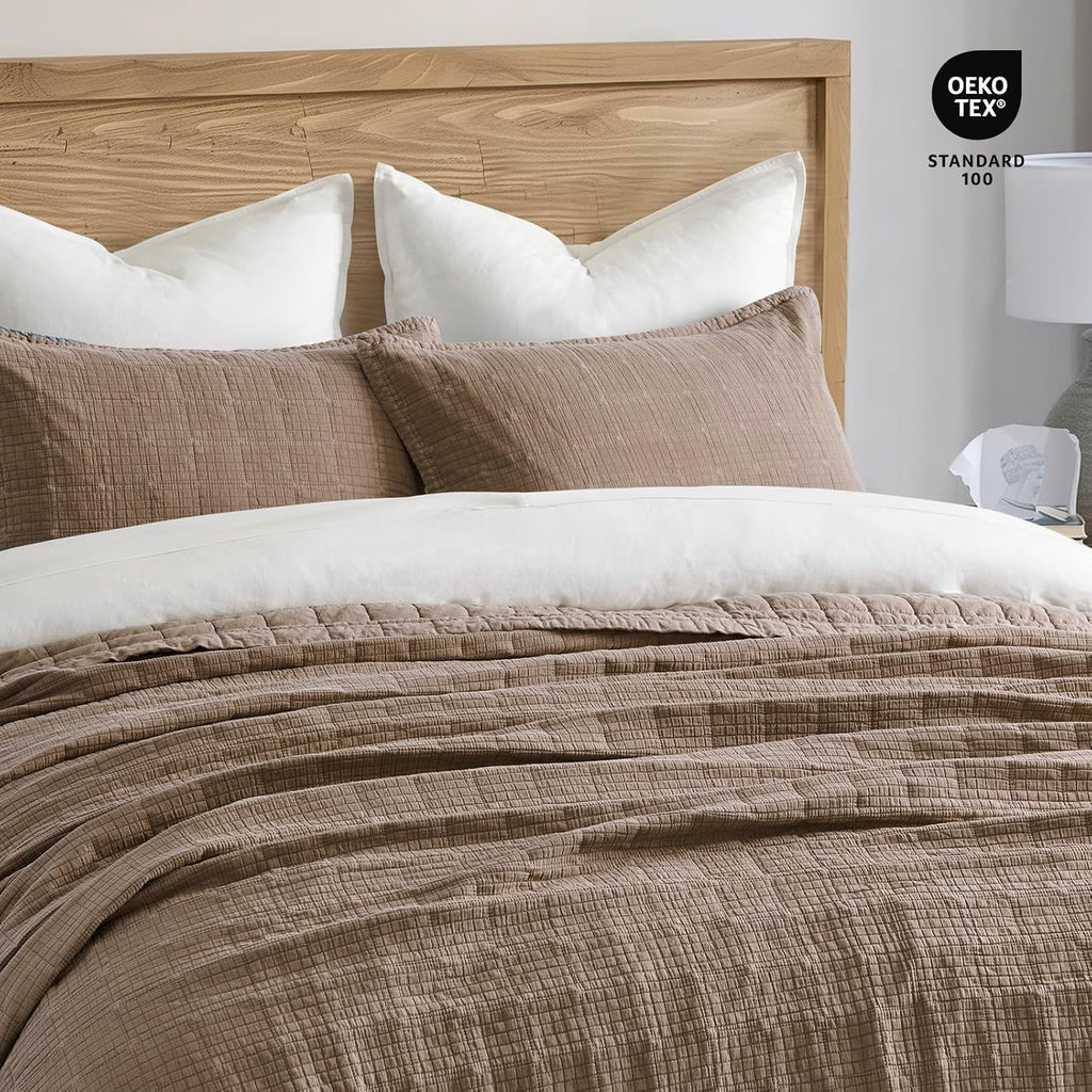 EVERGRACEHOME Stonewashed Cotton Quilt Set Full Queen Size, Ultra Soft Oversized Bedspread Coverlet Set, Lightweight Crinkle Box Stitch Bedding Sets for All Season, with 2 Shams, Mocha Brown
