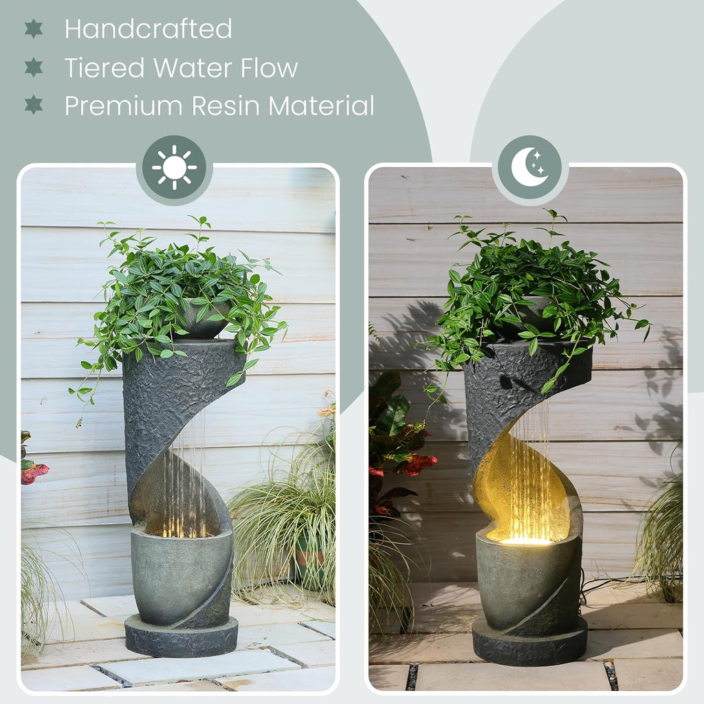 Tiered Outdoor Water Fountain, Modern Spiral Cascading Waterfall Fountain with Planter, Freestanding Resin Indoor Water Feature for Room, Garden, Patio, Deck, 31.5'H with Light Stone-Texture