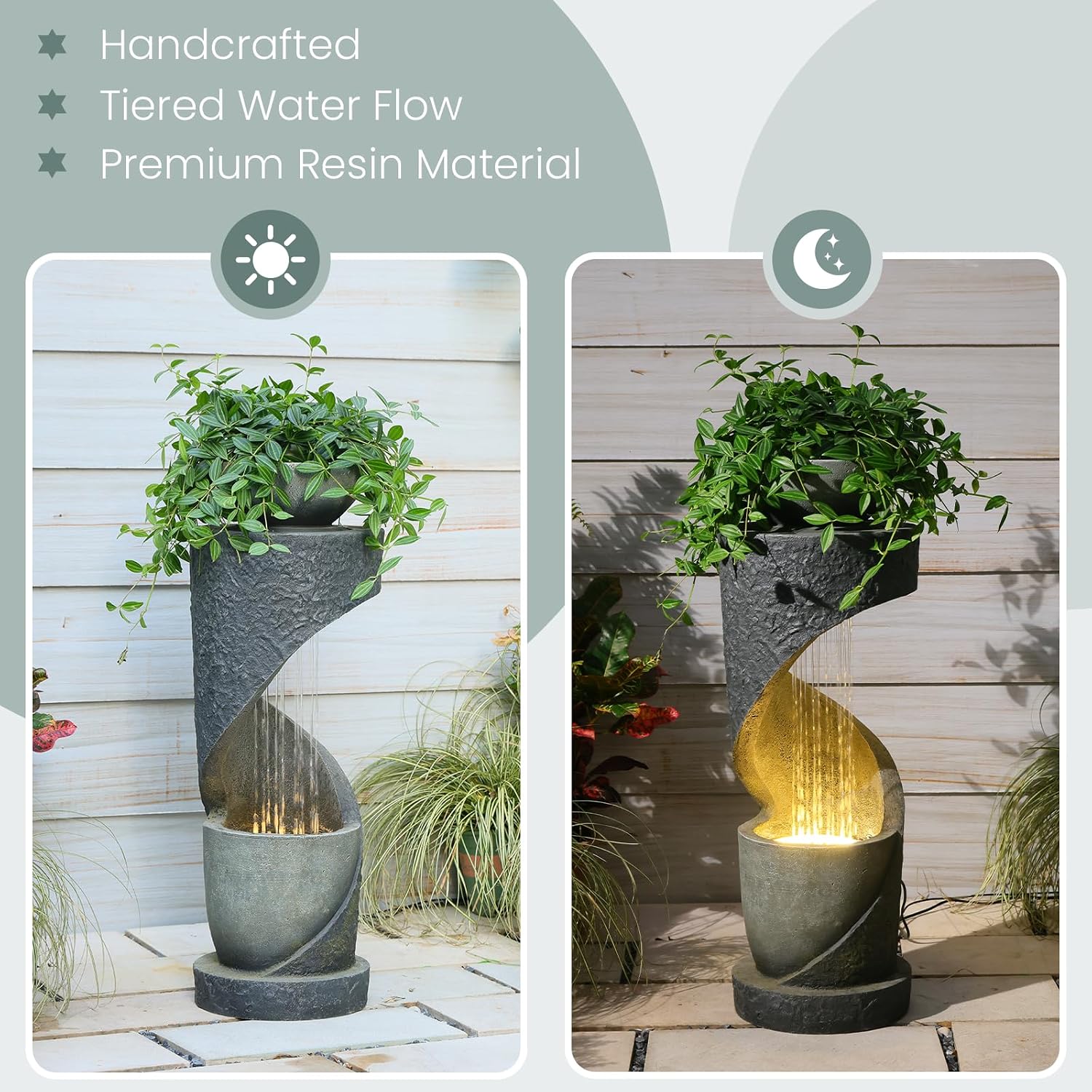 Tiered Outdoor Water Fountain, Modern Spiral Cascading Waterfall Fountain with Planter, Freestanding Resin Indoor Water Feature for Room, Garden, Patio, Deck, 31.5'H with Light Stone-Texture