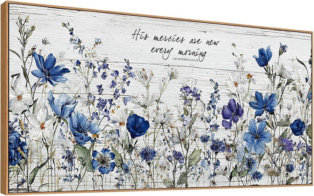 Tucai Decor Blue Floral Canvas Wall Art with Inspirational Quote, Farmhouse Style Living Room Bedroom Kitchen Wall Decor Large Format Framed Print Artwork Home Decoration