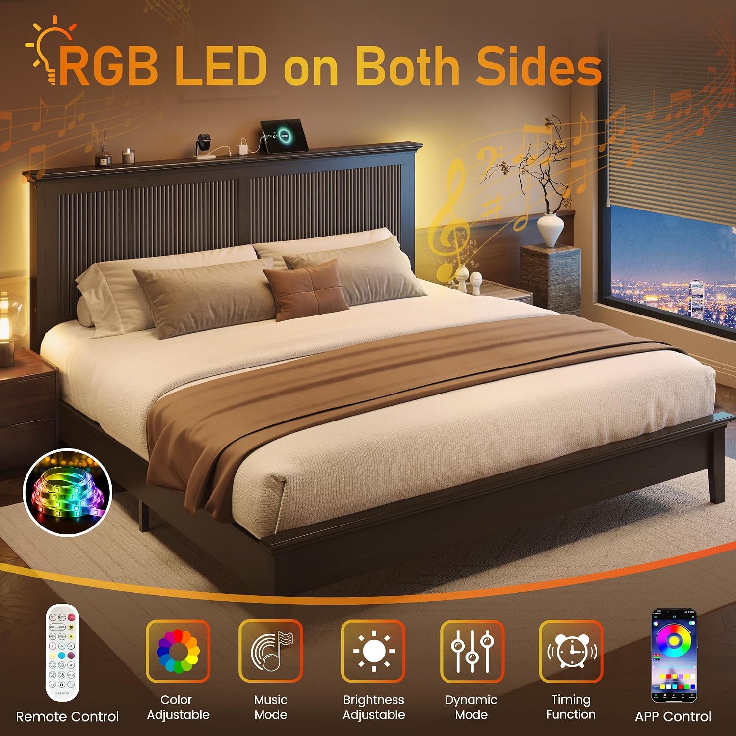 Lifezone King Bed Frame with Headboard, Solid Wood Bed Frame King Size with Charging Station & RGB LED, Wood Slats Support, Noise-Free, Sturdy Structure, Easy Assembly, Walnut