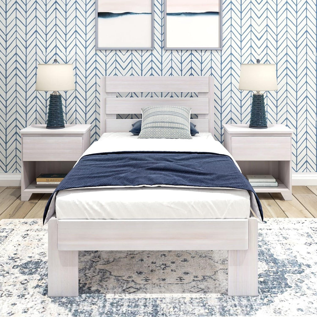 Plank+Beam Rustic Wood Twin Bed Frame, Platform Bed with Headboard, Slatted, White Wash