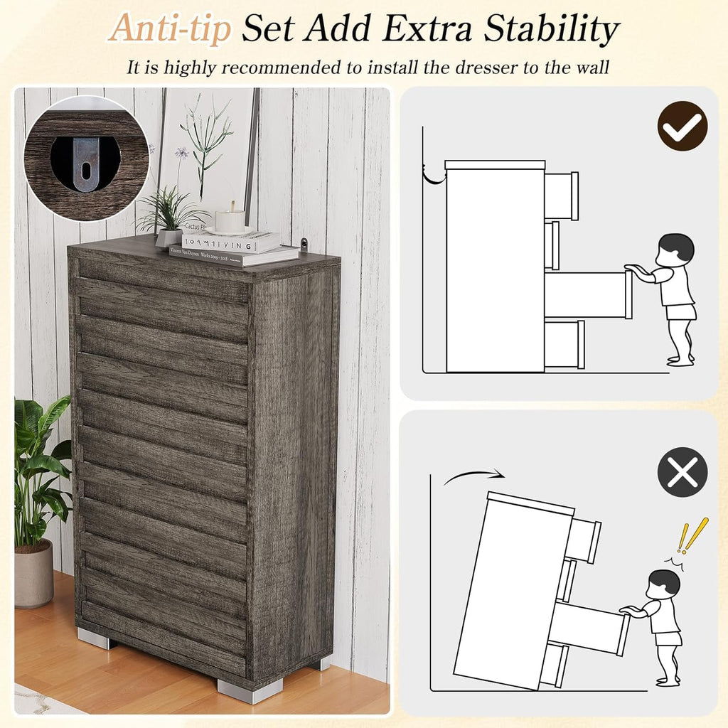 LUXOAK 3 Pcs Bedroom Furniture Set - Farmhouse 5 Drawer Dresser and Nightstand Sets of 2 with Charging Station, Slated Handles & Stainless Steel Feet, Rustic Grey