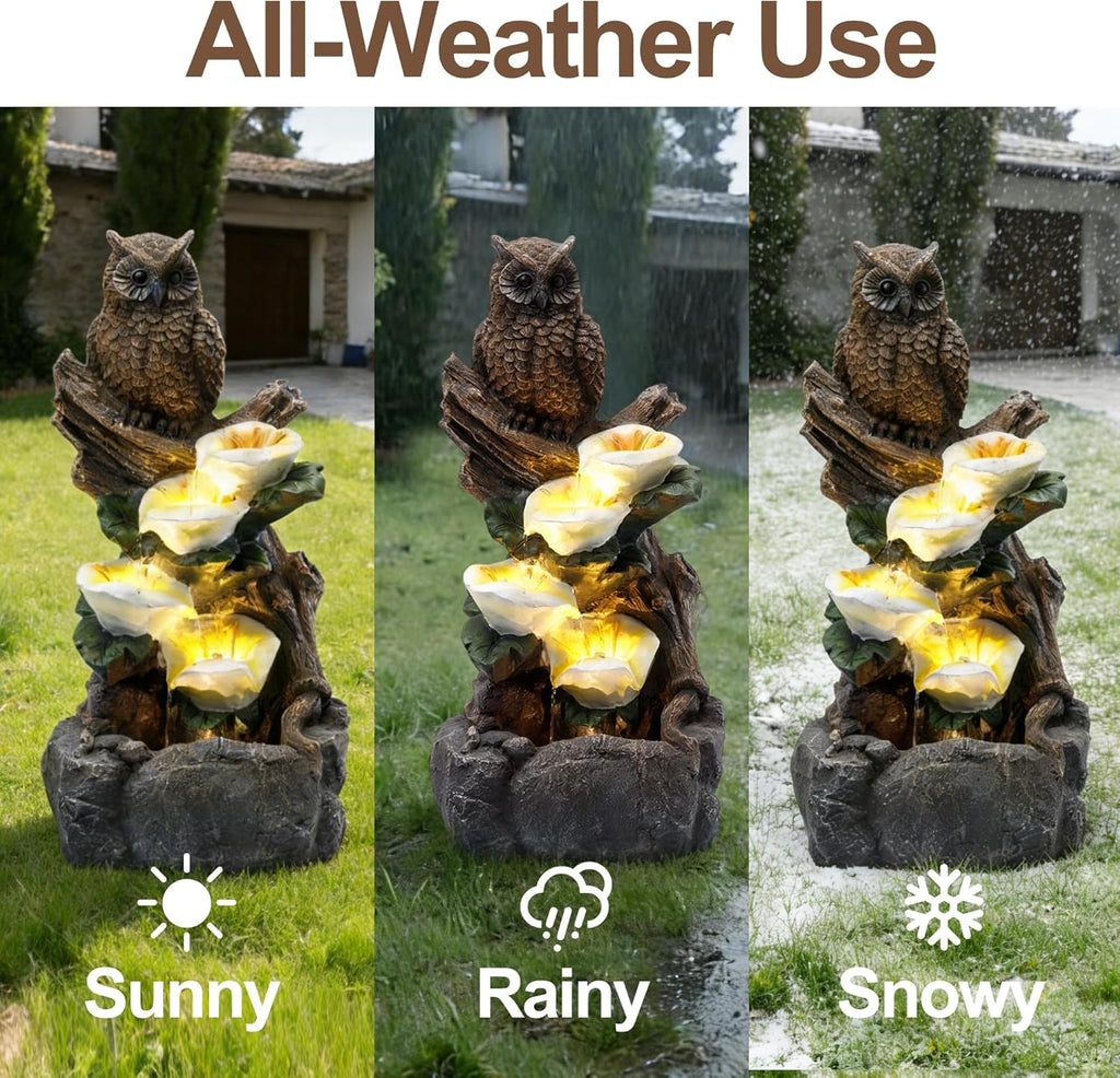 28' Outdoor Water Fountain with Led Lights, 4-Tiered Owl & Calla Lil Water Fountain, Outdoor Garden Waterfall Decor for Garden, Patio, Courtyard