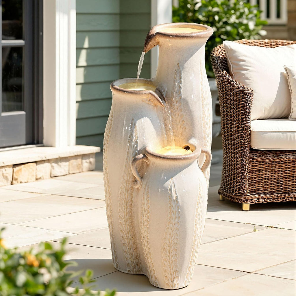 29.5' H Ceramic Outdoor Water Fountain with LED Lights, 3-Tier Vase Cascading Water Feature, Beige Glaze with Embossed Leaf Patterns, Tranquil Waterfall for Garden, Patio, Yard, or Porch