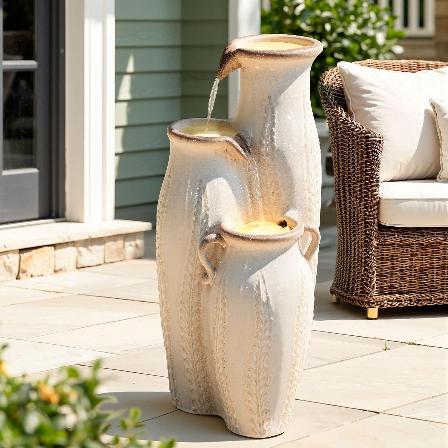 29.5' H Ceramic Outdoor Water Fountain with LED Lights, 3-Tier Vase Cascading Water Feature, Beige Glaze with Embossed Leaf Patterns, Tranquil Waterfall for Garden, Patio, Yard, or Porch