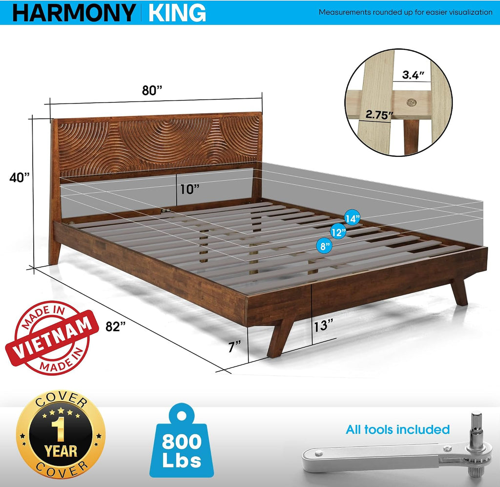 Acacia Harmony King Platform Bed Frame – Solid Rubber Wood, Walnut Finish, Mid-Century Modern Design, Natural Circular Wood Grain, 800lbs Support, No Box Spring Required, Easy Assembly