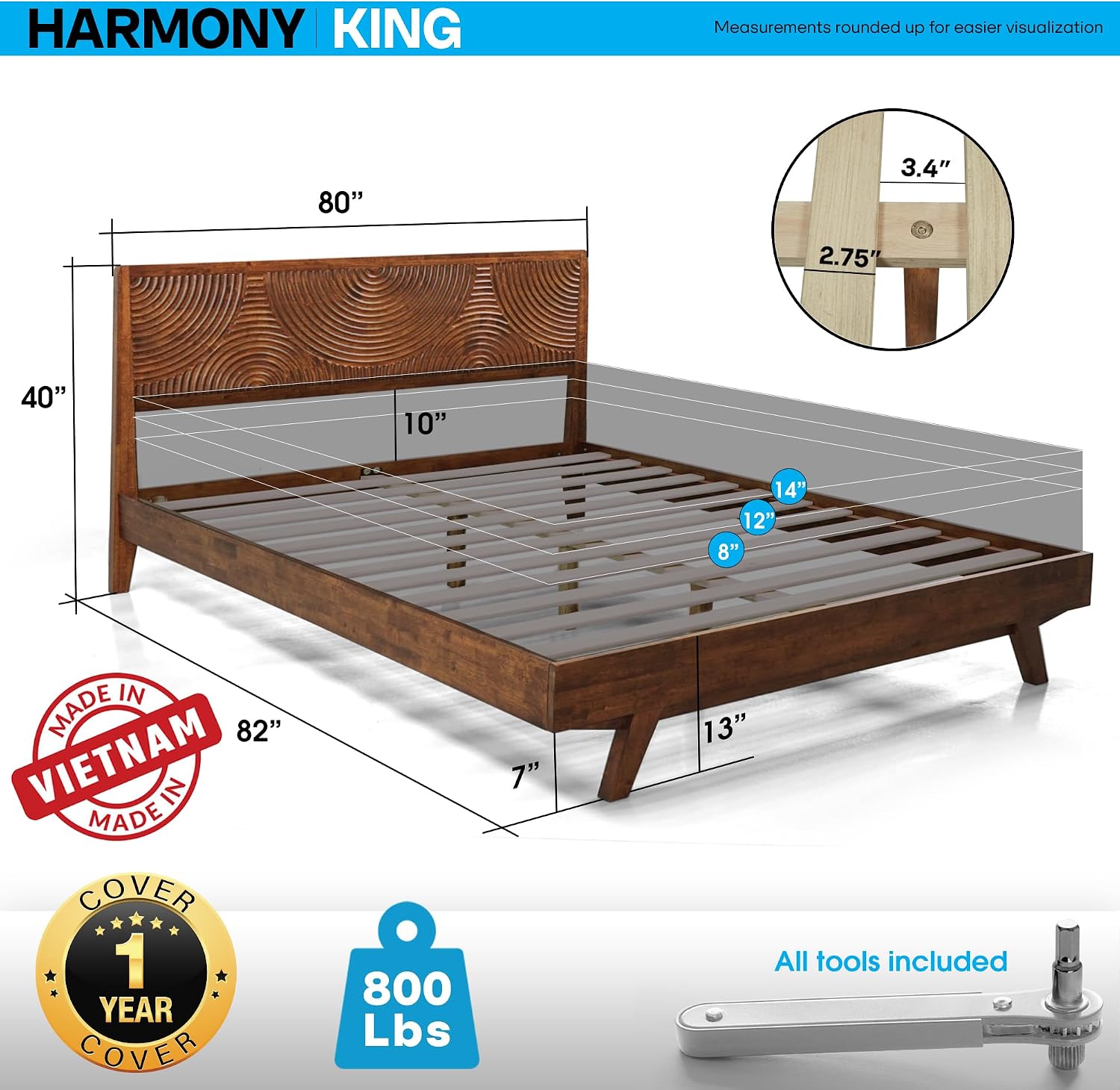 Acacia Harmony King Platform Bed Frame – Solid Rubber Wood, Walnut Finish, Mid-Century Modern Design, Natural Circular Wood Grain, 800lbs Support, No Box Spring Required, Easy Assembly