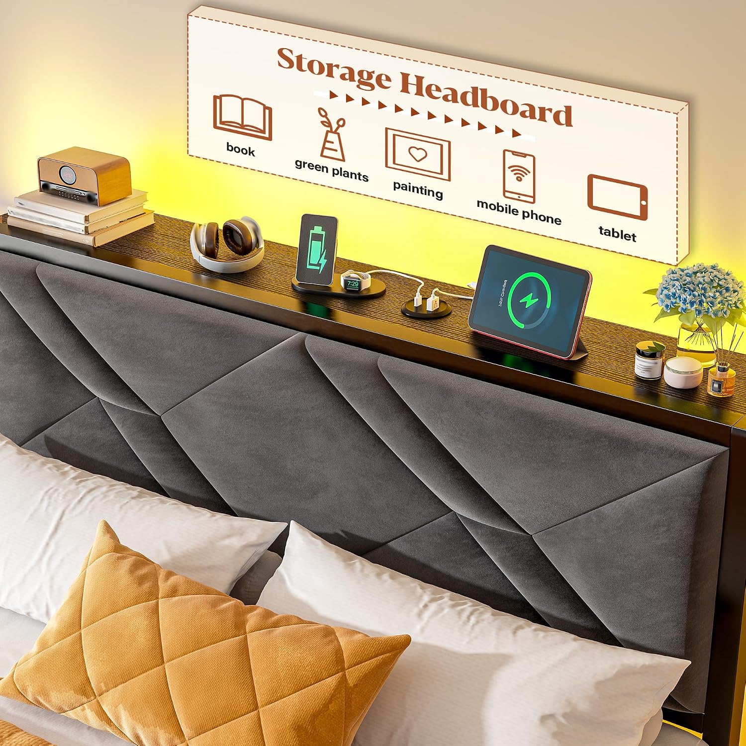 EnHomee Full Size Bed Frame with 6 Storage Drawers and LED Lights,Metal Bed Frame with Upholstered Headboard and Charging Station,NO Noise,Easy Assembly, Black