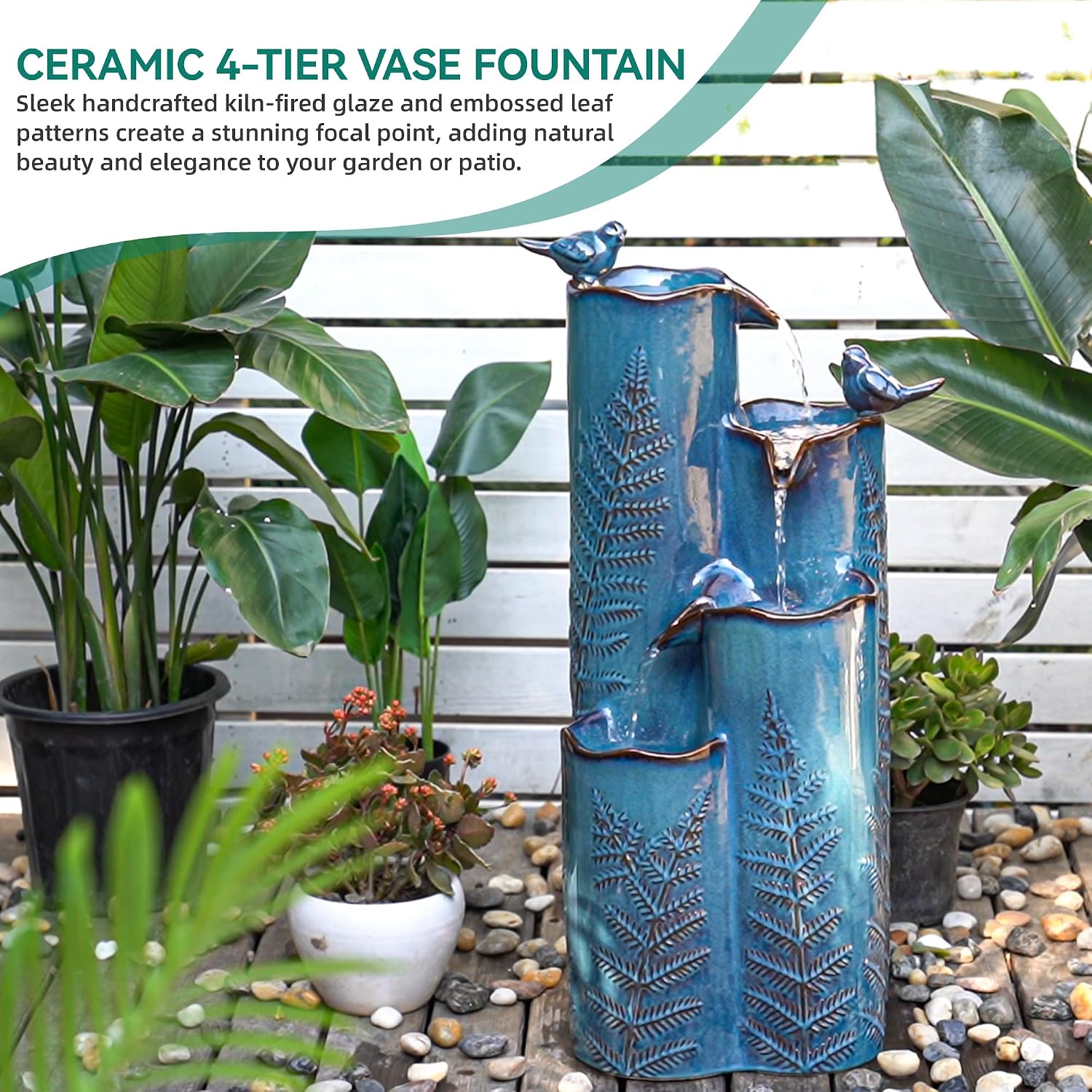 32' H Ceramic Outdoor Water Fountain, 4-Tier Tropical Cascading Waterfall with LED, Turquoise Glaze & Embossed Fern Pattern, Bird-Attracting Water Feature for Garden Patio Yard & Porch Decor