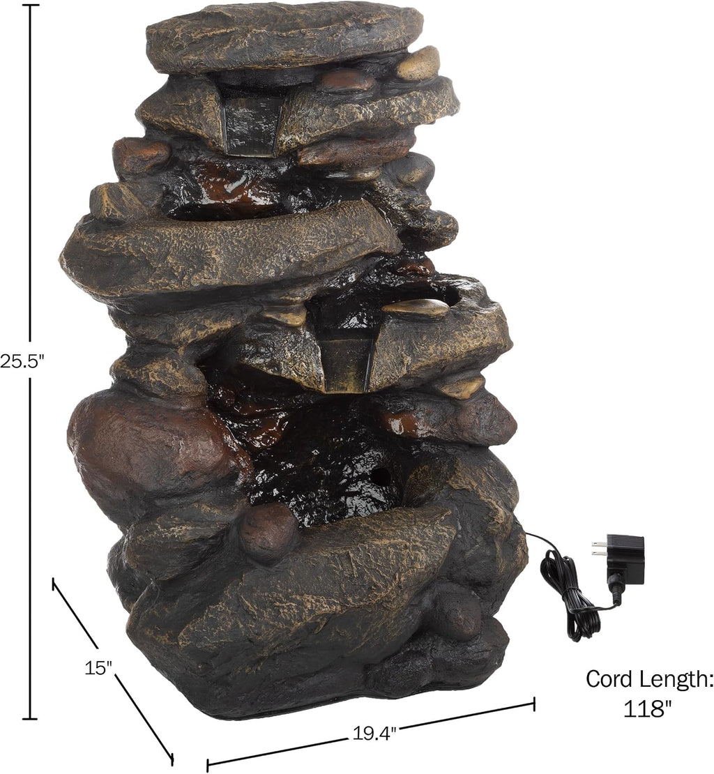 Outdoor Water Fountain - 3-Tier Rock Outdoor Waterfall Fountain with Lights - 25.5' LED Fountain Yard Patio Decor - Outdoor Fountains by Pure Garden