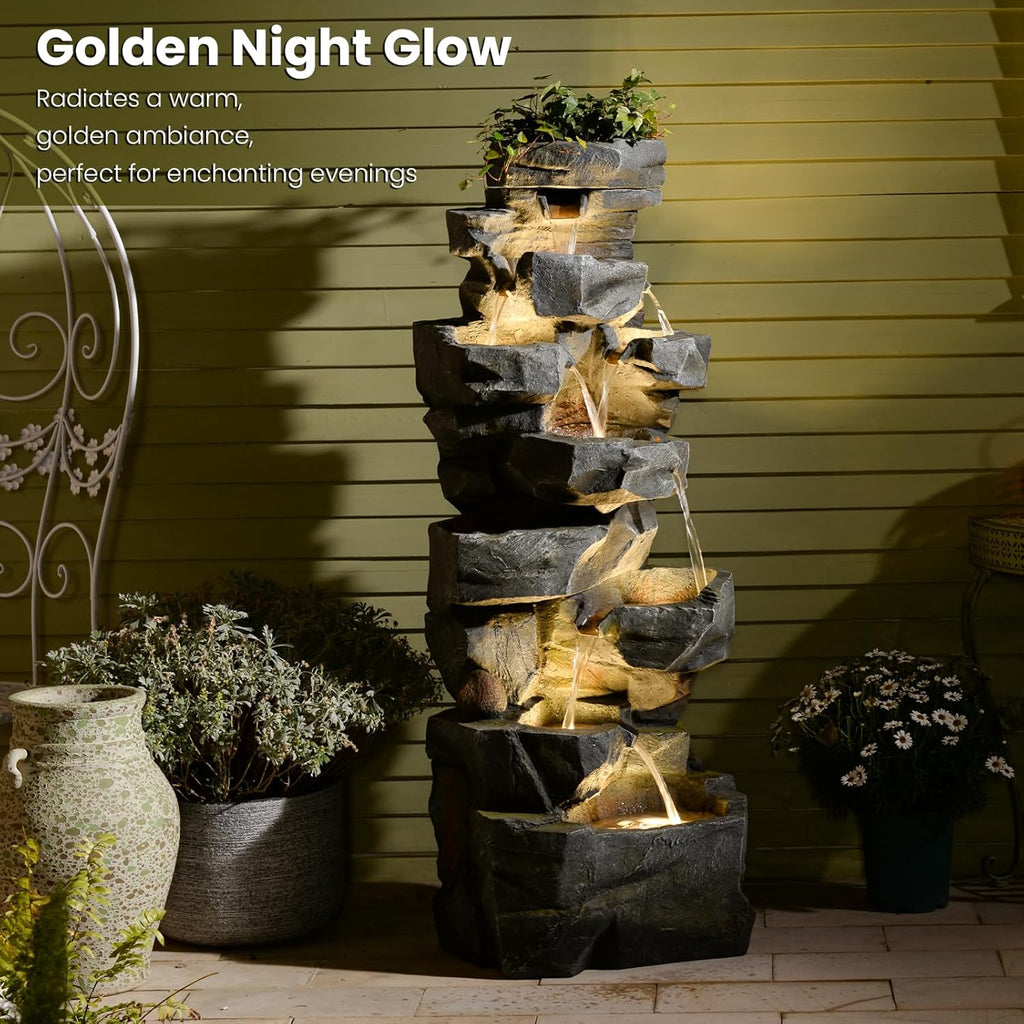 Sunlinua 58' H Outdoor Water Fountain with 7 Tiers New Upgraded Large Cascading Realistic Rock Waterfall Fountains with Lights Outdoor Water Fountain for Garden Patio Backyard Porch Home Decor