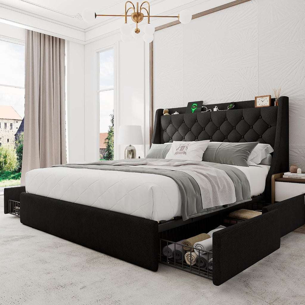 Einhomn Queen Bed Frame with 4 Storage Drawers, Upholstered Modern Bed Frame with Wingback Headboard, Charging Station, No Box Spring Needed, Easy Assembly, Black